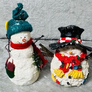 Snowman Figurines 2 Vintage Cottagecore Holiday Decor Rustic Winter Christmas